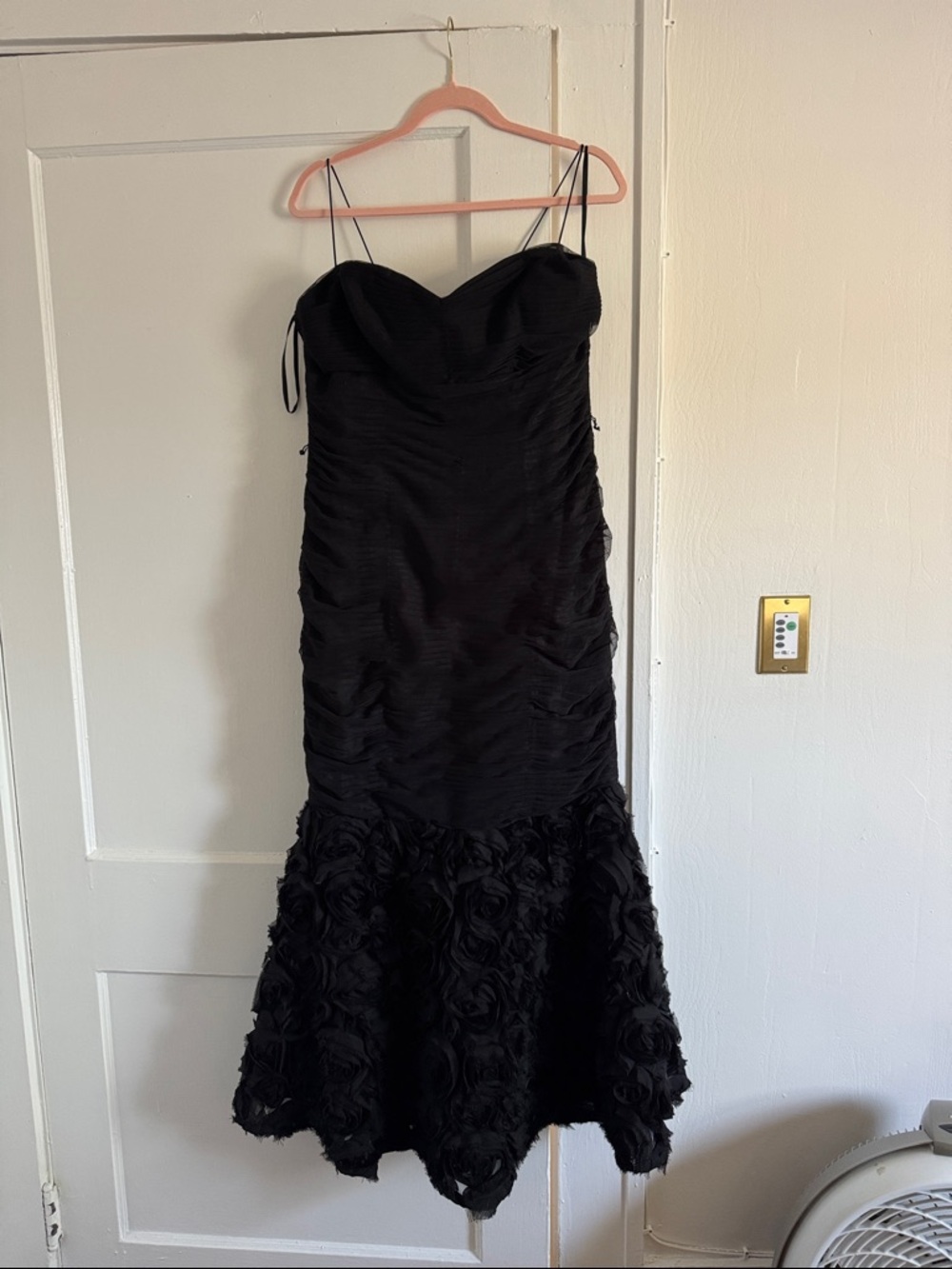 JS Collections Black Spaghetti Strap Rosette Hem Mermaid Gown